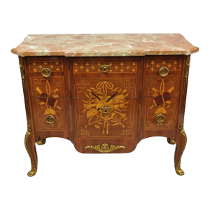 Vintage French Louis XV Style Marquetry Inlay Marble Top Commode Dresser Chest