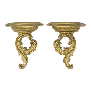 Vintage Rococo Syroco Wood Wall Display Shelves in Gold - a Pair For Sale