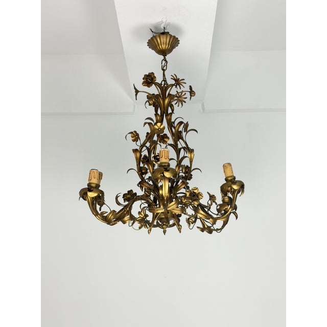 Six-Light Floral Chandelier in Gold Metal, Italy, 1960 For Sale - Image 3 of 8