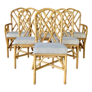 Set of Six Vintage Boho Rattan Dining Chairs With Chippendale Style Lattice Backs For Sale