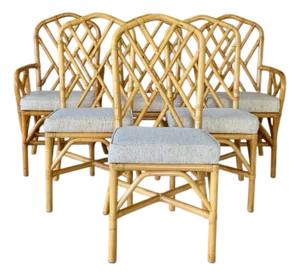 Set of Six Vintage Boho Rattan Dining Chairs With Chippendale Style Lattice Backs