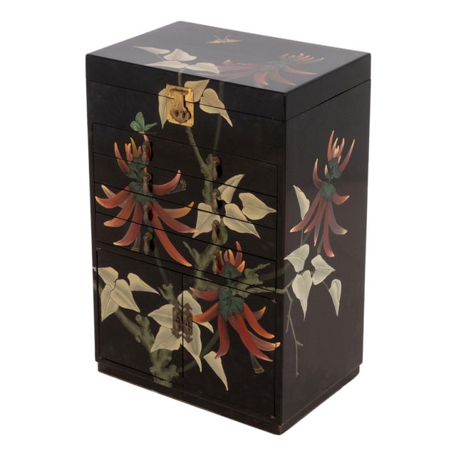 Chinese Floral Motif Hand-Painted and Black Lacquered Cabinet For Sale