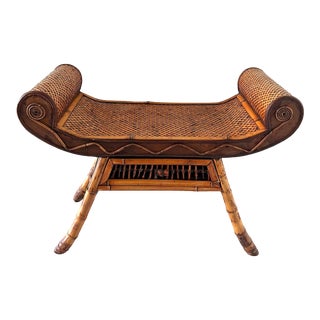 Vintage Tortoise Bamboo and Rattan Weave Scrolling Curved Bench For Sale