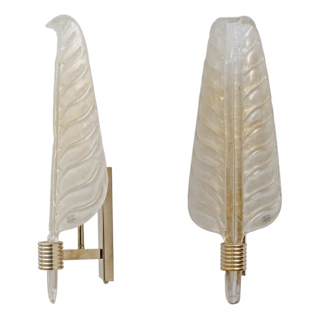 Murano Glass Leaf Wall Sconces with Gold Powder and Brass, Italy, 2000, Set of 2 For Sale