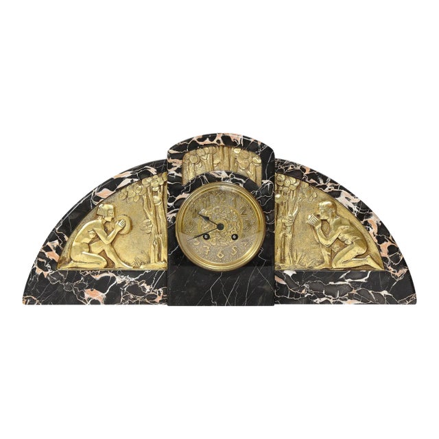 1930s Art Deco Streamlined Neoclassical Figurative Exotic Marble & Bronze Clock For Sale