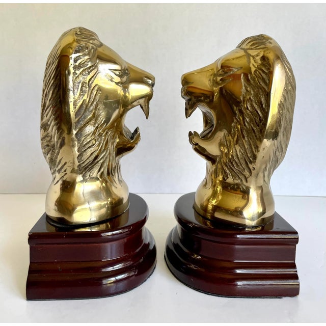 Wood Vintage Brass and Rosewood Lion Bookends For Sale - Image 7 of 13