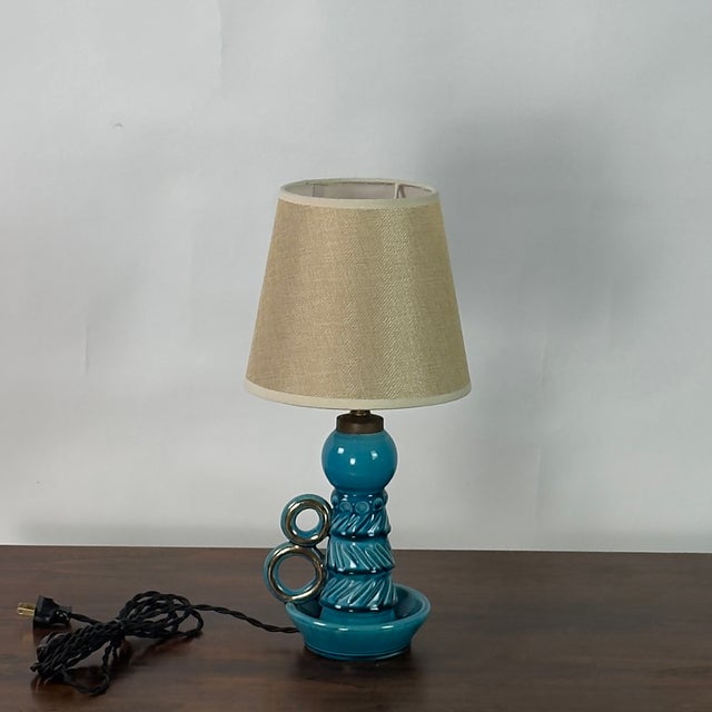 French 1960s Small Turquoise Ceramic Candlestick Lamp by Accolay Pottery For Sale - Image 3 of 7