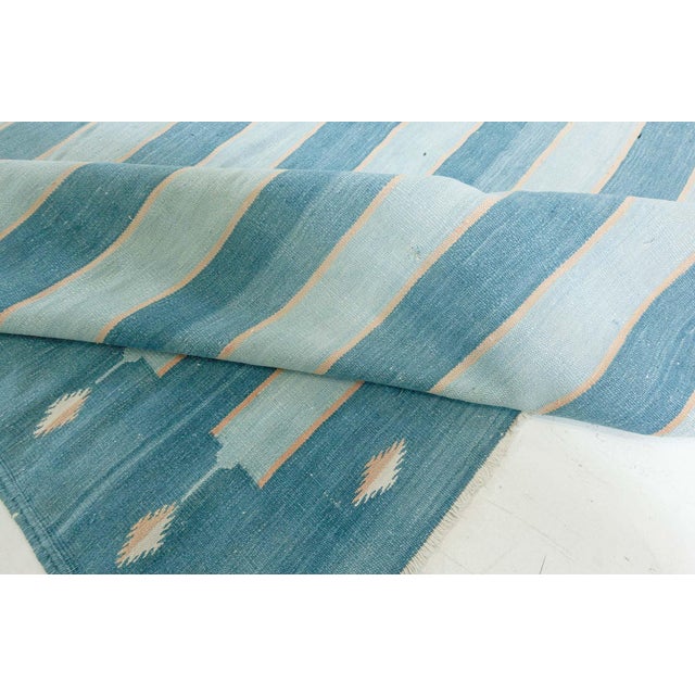 Mid-Century Modern Doris Leslie Blau Vintage Indian Dhurrie Striped Blue Rug For Sale - Image 3 of 8