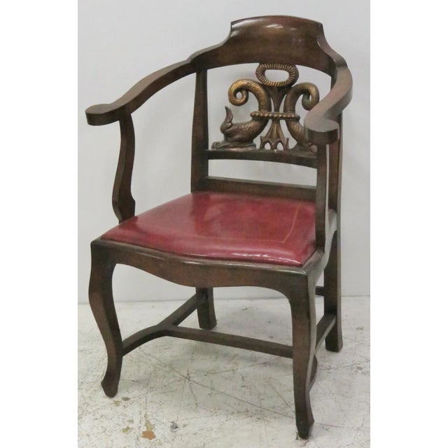 Red leather seat. Gilt carved dolphins on back. Pegged frame. Light wear.