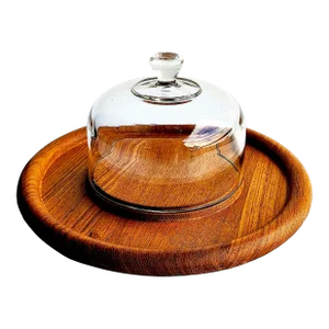 1970s Teak Wood Cheese Board With Glass Dome Cloche, 2 Piece Set