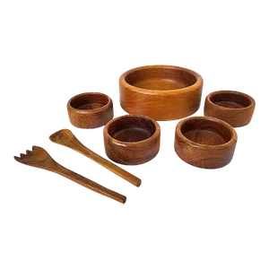 1970s Teak Wood Salad Bowls and Serving Utensils, Set of 7