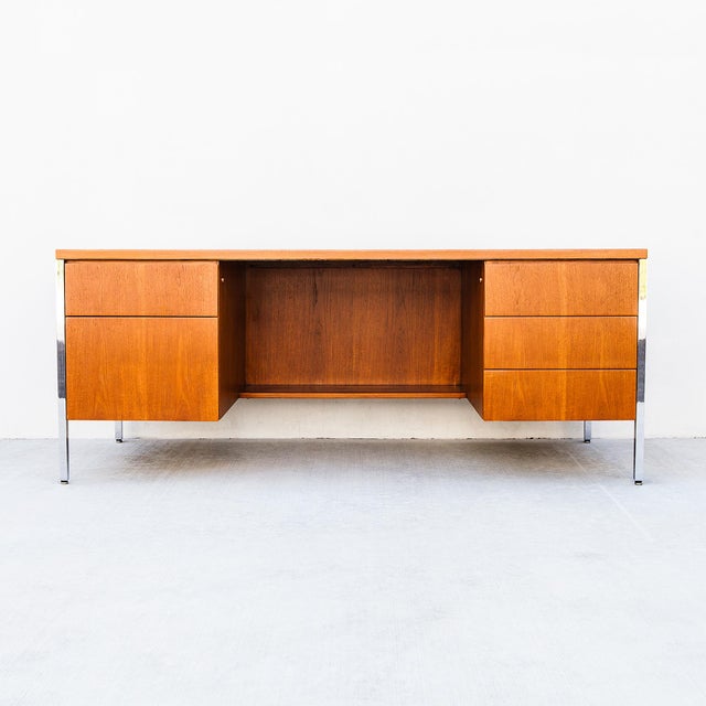 A newly refinished Knoll-style executive desk in a rarely seen combination of teak and chrome, made in Southern California...