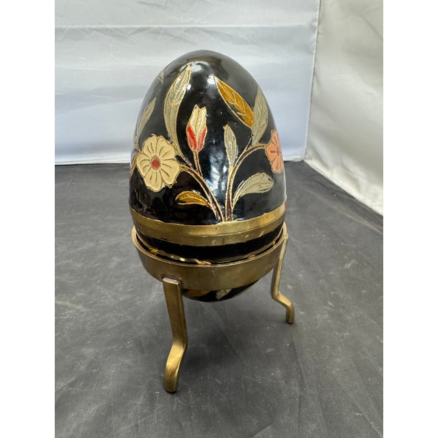 Indian Vintage Black Gold Orange Cloisonné Brass Enamel Floral Egg Trinket Box 6 In For Sale - Image 3 of 11