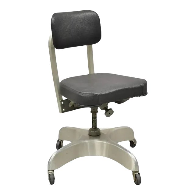 Vintage Emeco Corp Art Deco Brushed Aluminum Black Swivel Office Desk Chair For Sale