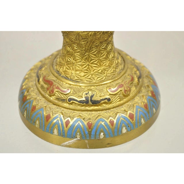 Metal Vintage Japanese Cloisonne Enamel 13" Brass Bronze Candlestick Lamp Base - Pair For Sale - Image 7 of 11