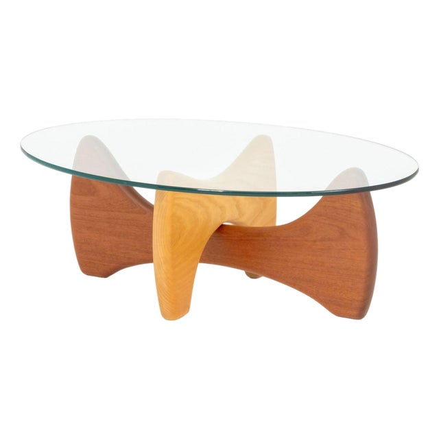 Noguchi Style Glass Top & Wood Coffee Table For Sale