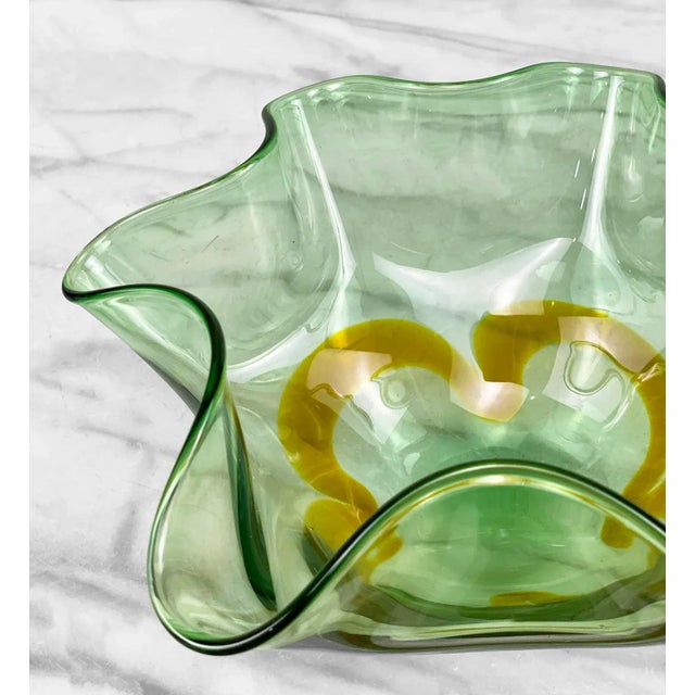 Vintage Art Glass Hand Blown Green Butterscotch Ruffled Bowl For Sale - Image 4 of 7
