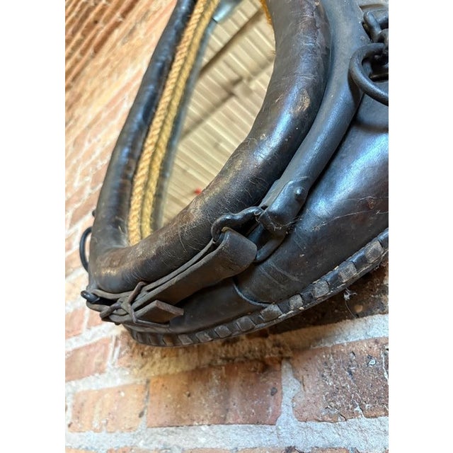 Brass Antique Repurposed Leather Horse Collar Mirror For Sale - Image 8 of 12