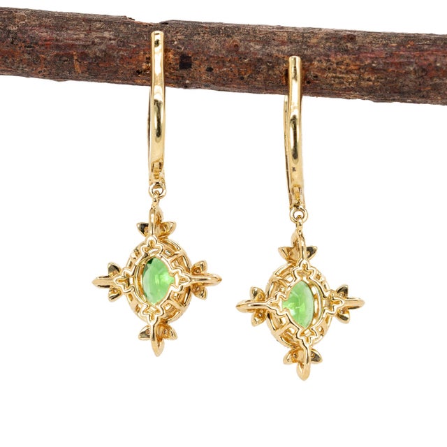 Tsavorite Garnet & Earth-Mined Diamond Earrings in 14k Gold | Leverback Closure-Set of 2 For Sale In Columbus - Image 6 of 7