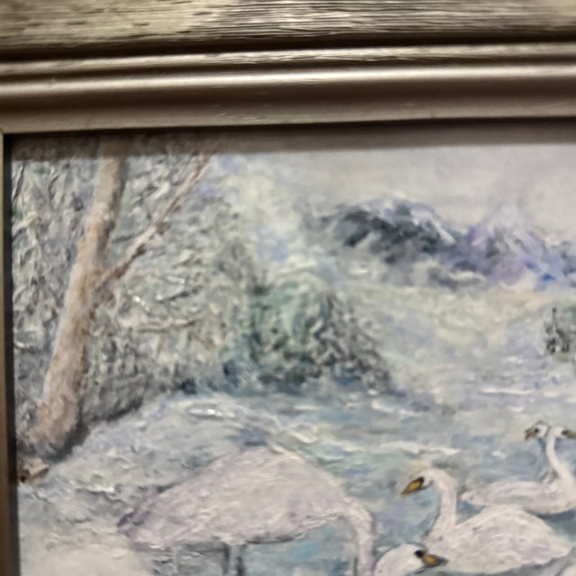 Mid-Century Impressionist Winter Landscape Painting of Swans in Frame For Sale - Image 4 of 8