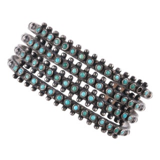 6 5/8" 1930's Navajo Stamped silver Snake eye turquoise 4 row cuff bracelet For Sale