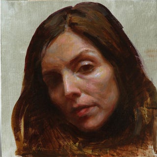 Locked by Karen Offutt | Oil Painting of a woman's face with long hair For Sale