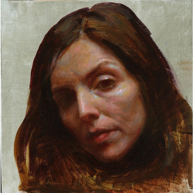 Locked by Karen Offutt | Oil Painting of a woman's face with long hair For Sale