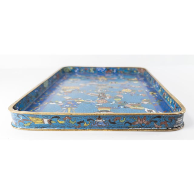 19th Century Chinese Cloisonne Enamel Tray With Scholar's Object Decoration For Sale - Image 9 of 12