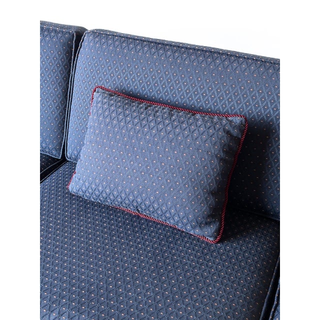 1960s Vintage Mid-Century Navy Jacquard Skirted Tuxedo Sofa For Sale - Image 18 of 18