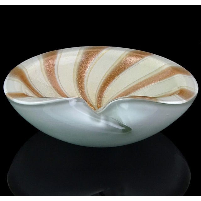 Glass Vintage Barbini Murano White Gold Flecks Copper Aventurine Stripes Italian Art Glass Decorative Bowl For Sale - Image 7 of 8