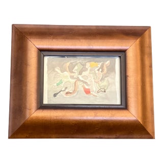 1950’s Original Small Abstract Expressionist Watercolor Painting Chunky Wood Frame For Sale