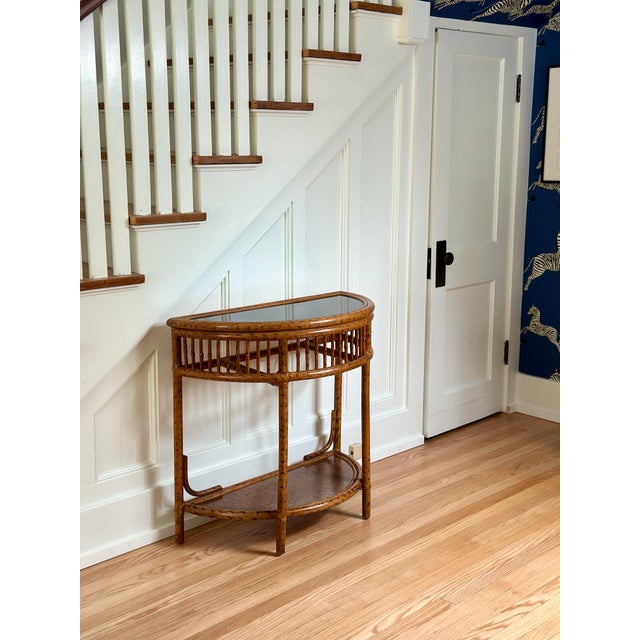 1970s Rattan & Faux Tortoise Bamboo Demilune Console Table With Lower Shelf For Sale - Image 11 of 12