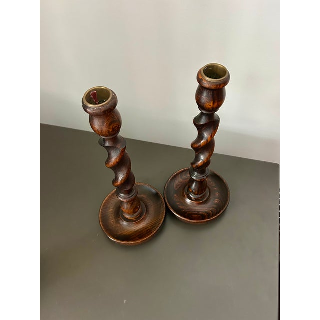 Vintage Pair English Oak Barley Twist Candlesticks – Pair of Antique Wooden Candle Holders For Sale - Image 9 of 9