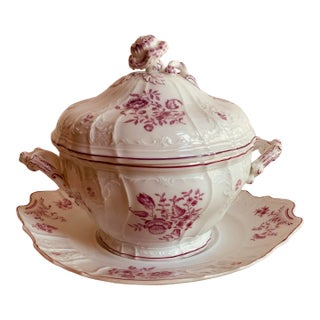 Antique French Porcelain Sauce Tureen & Underplate, Circa 1820, Rose Floral For Sale