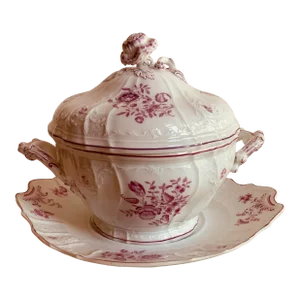 Exquisite French Sauce Tureen Set, C. 1820 - Lilac Wildflower Transferware