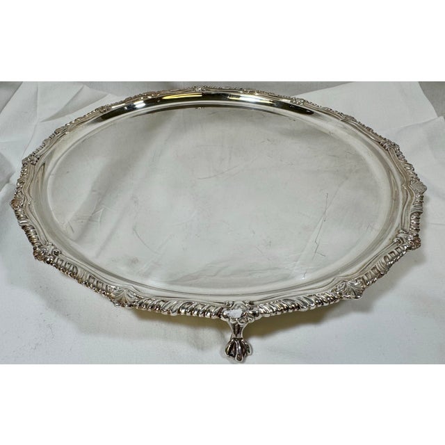 English Antique Frank Cobb & Co. Scalloped Edge Silver Plate Serving Tray With Ornate Rim & Falcon Talon Feet From England - Circa 1920 For Sale - Image 3 of 12