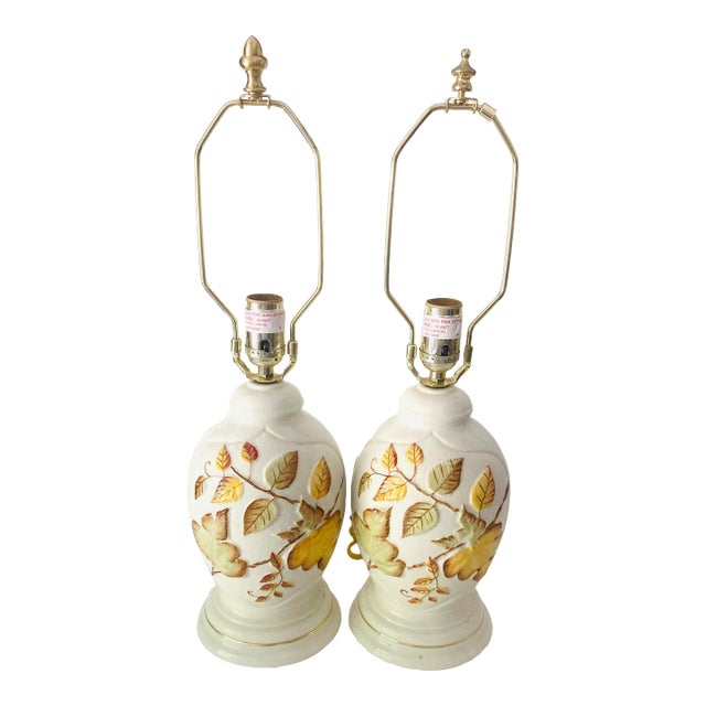 2000's Belleek Pottery Leaf Pattern Table Lamps S/2 For Sale