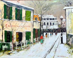 Jean Mesturini after Maurice Utrillo, Paris, Montmartre in the Snow, Cabaret au Lapin Agile, 1970, Oil on Board