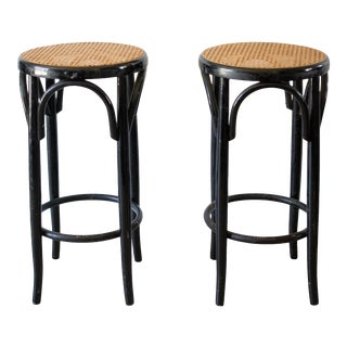 1970s Vintage Bentwood Black Lacquer and Cane Round Bar Stools - a Pair For Sale