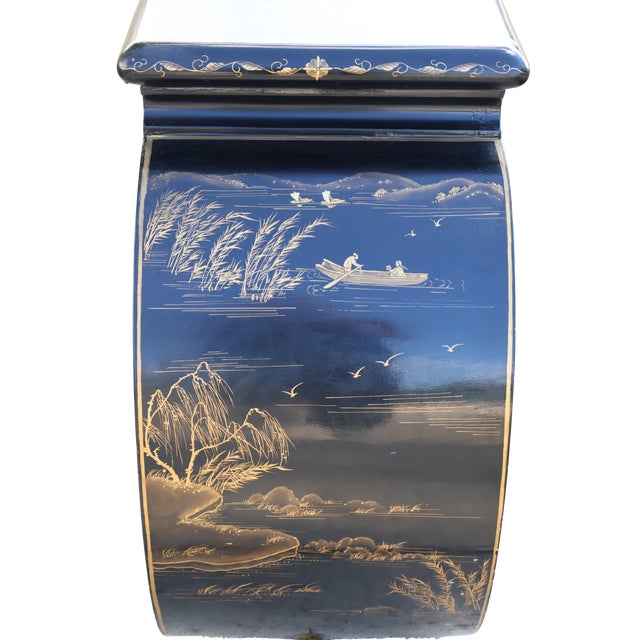 Late 20th Century Black Lacquer Chinoiserie Console Table With Gold Figural Decoration & Scroll Supports For Sale - Image 14 of 18