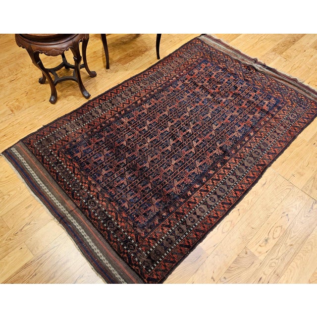 Brown Vintage Baluch Tribal Area Rug in Allover Geometric Pattern in Navy Blue, Brown, Dark Red For Sale - Image 8 of 18