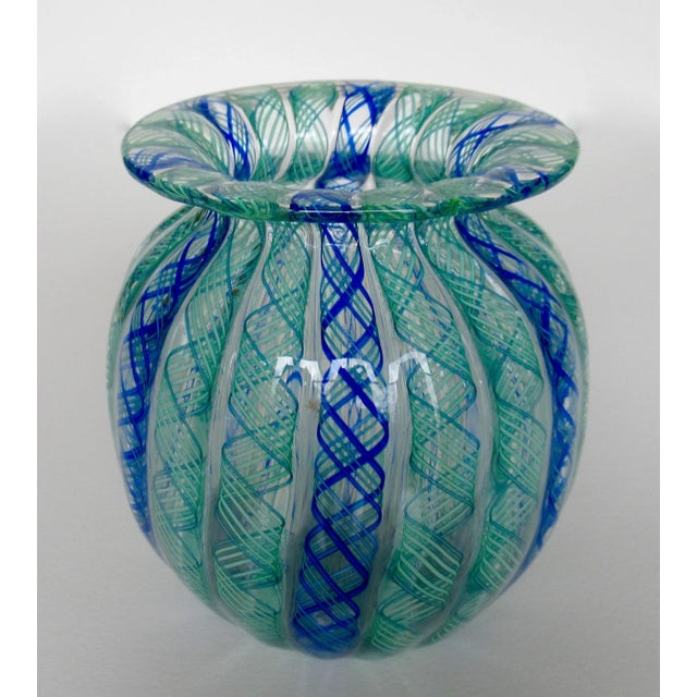 Mid-Century Modern Vintage C.1960's Italian Hand-Blown Fratelli Toso "Latticino" Ribbon Murano Decorative "Bulbous" Vessel/Bowl For Sale - Image 3 of 13
