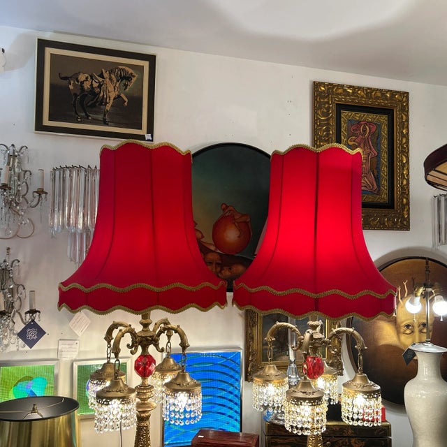 1960s Brass Finish Metal and Crystal Lamps With Original Red Silk Shades a Pair For Sale - Image 10 of 12