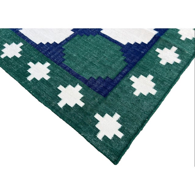 Handmade Woolen Dhurrie Runner, Vegetable Dyed Forest Green, Navy Blue Tile Runner- 4'x14' For Sale - Image 6 of 10
