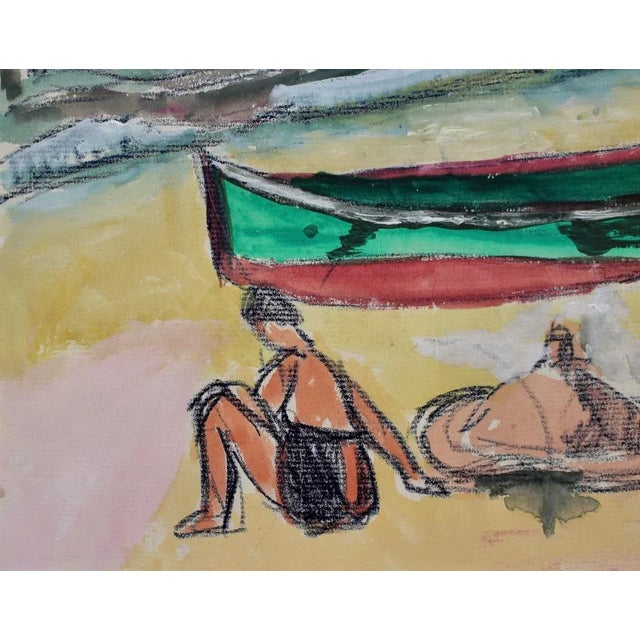 Jean Pons, Small Boat and Bather in Dinard, 1961, Mixed Media on Paper, Framed For Sale - Image 9 of 11