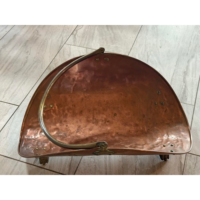 Vintage Copper and Brass Firewood or Magazines Holder Measures 14 5/8”Width X 21 1/4”Long 17” High Footed For Sale In Phoenix - Image 6 of 12