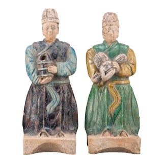 Chinese Ming Dynasty Glazed Pottery Attendants - A Pair For Sale