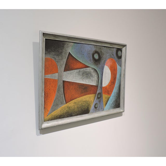 Beautiful mid century modern pastel or pencil on paper board, in a style reminiscent of Paul Klee or Joan Miro. This...