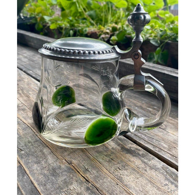 Metal Antique German Jugendstil Glass Beer Stein With Green Applied Glass & Pewter Lid, Circa 1900 For Sale - Image 7 of 16