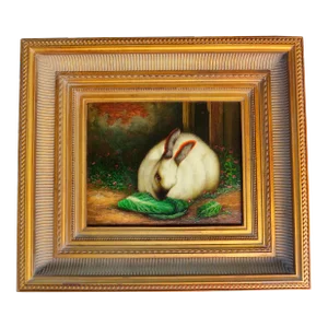 Antique Oil on Canvas of a Himalayan Rabbit Eating Lettuce - Signed